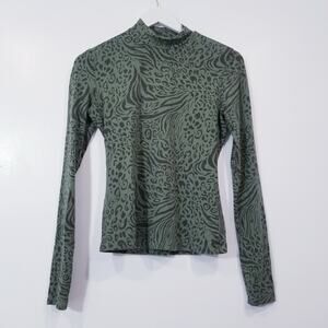 Reformation Green Animal Print Mock Neck Long Sleeves Blouse